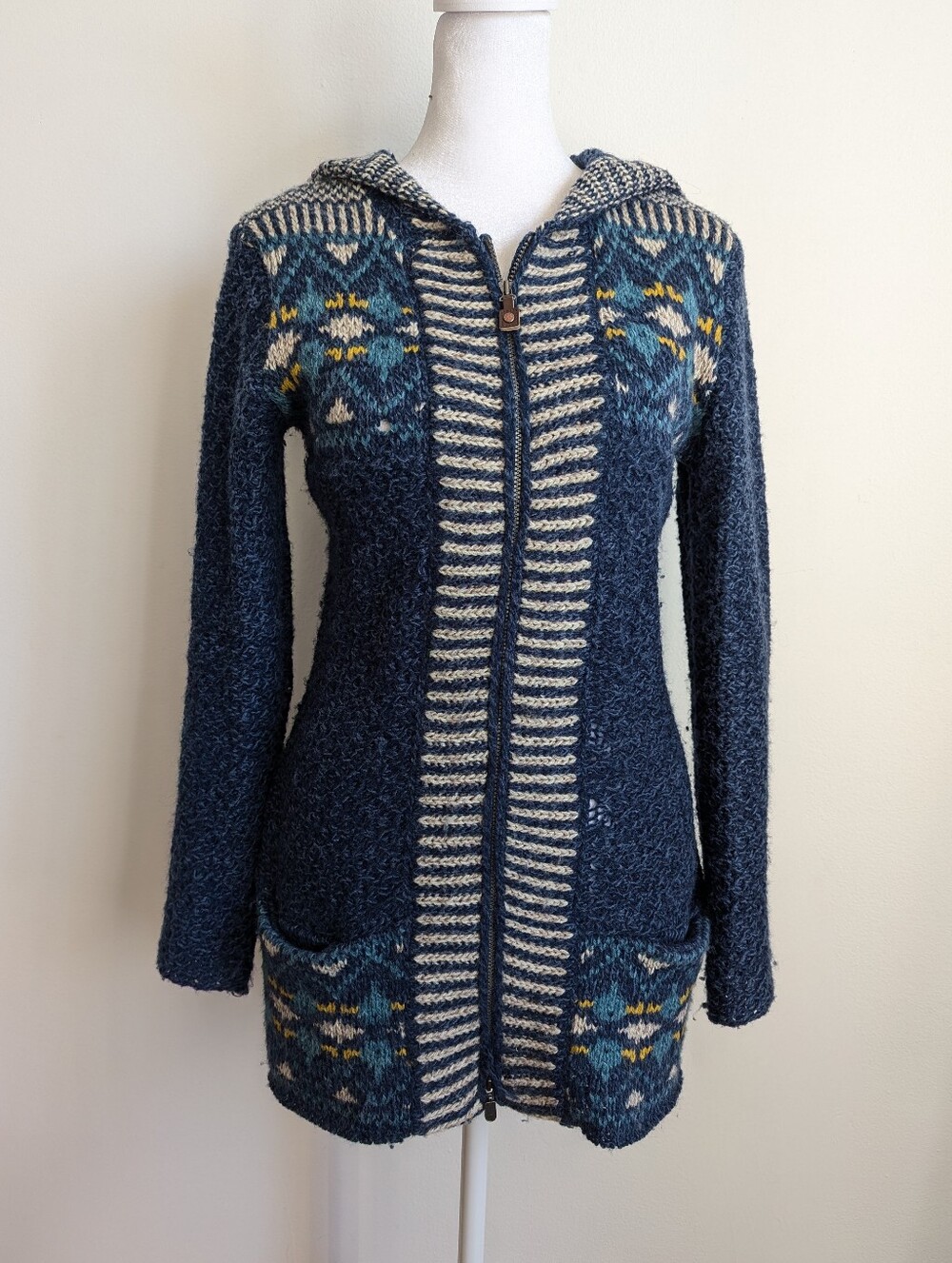 Royal Robbins Wool Blend Knit Patterned Y2K Style Long Hooded Cardigan Blue S